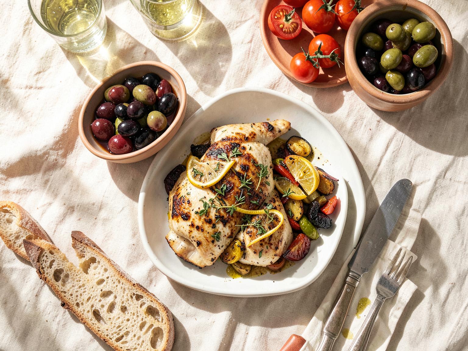 A sunlit Mediterranean table with lemon herb chicken, olives, tomatoes and bread