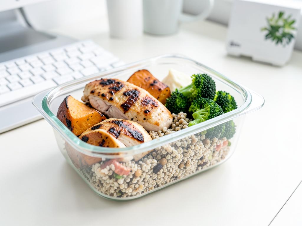 Glass meal prep container with grilled chicken, sweet potato, broccoli and quinoa