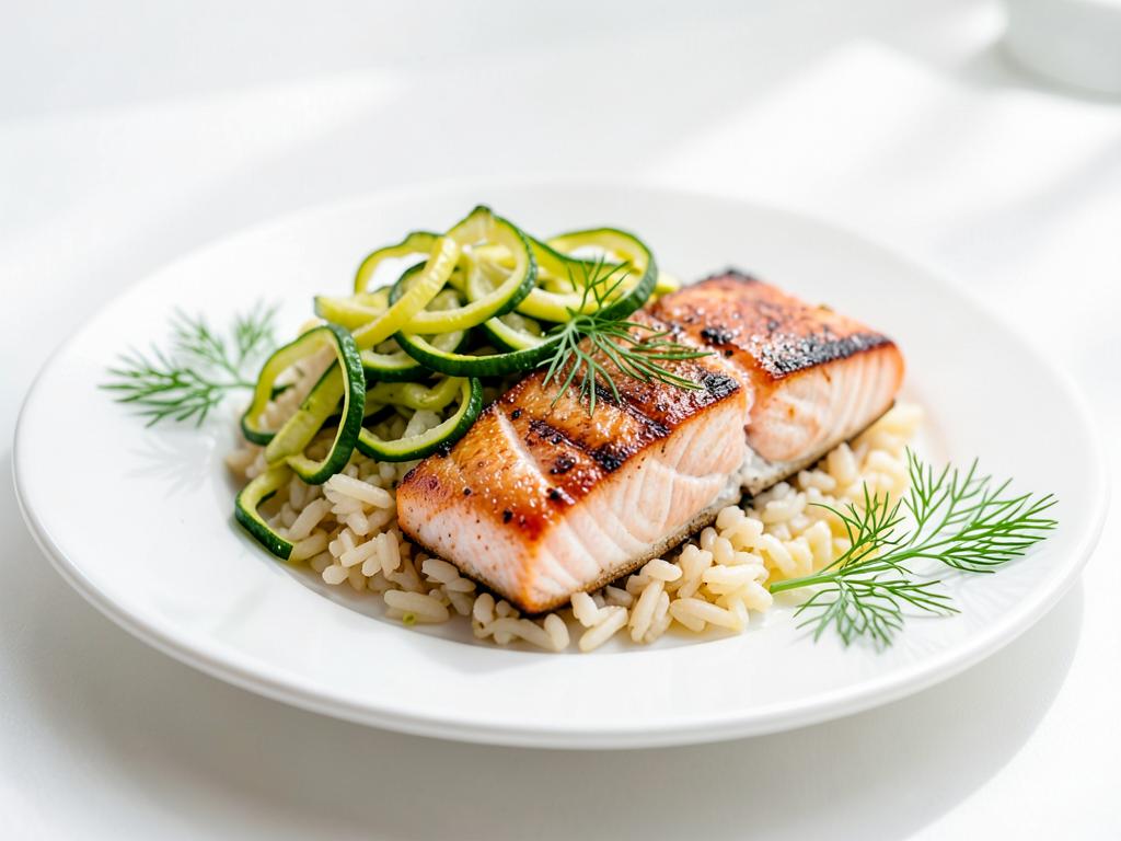 Seared salmon fillet with zucchini ribbons and lemon rice